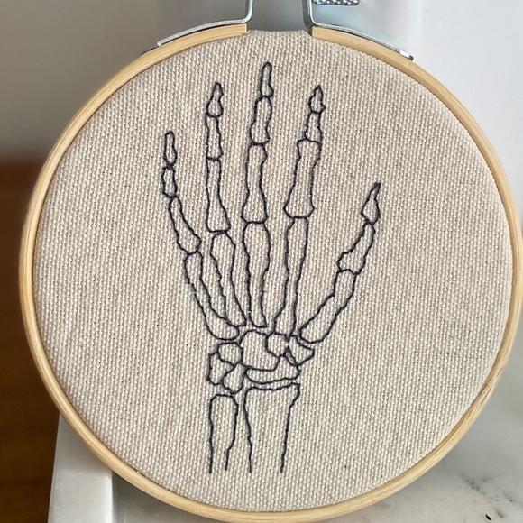 Hand Embroidered “Skeleton Hand” 4 inch Hoop - Picture 3 of 5